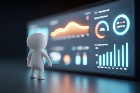 A simple figure stands in front of a digital display screen, observing colorful graphs and data visualization. This image represents analytics, growth, and modern technology.の素材
