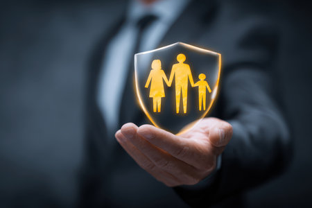 A professional man in a suit holds a glowing shield symbolizing family protection, embodying trust and safety in modern business and personal care scenarios.の素材