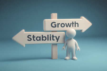 Creative illustration showing a figure facing two directional signs labeled Growth and Stability, symbolizing key choices in business strategy and decision-making.の素材