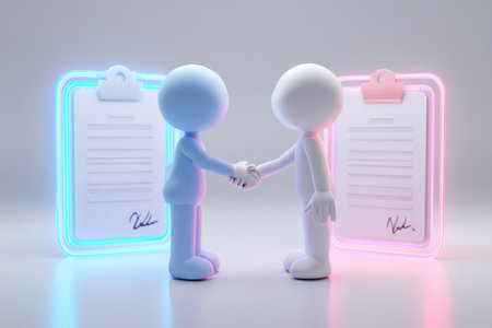 Two stylized characters engage in a handshake in front of glowing clipboards, symbolizing agreement and collaboration in a modern, digital workspace.の素材