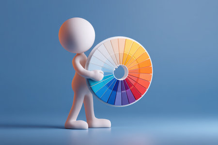 A playful character holds a colorful color wheel, symbolizing creativity and artistic inspiration. This 3D illustration captures the essence of design and art.の素材
