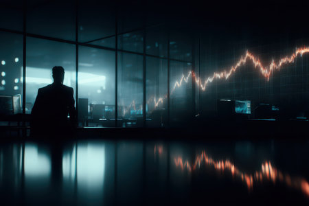 A silhouette of a businessman in a dark office observing a glowing market trend graph, emphasizing financial analysis and investment growth in a modern workspace.の素材