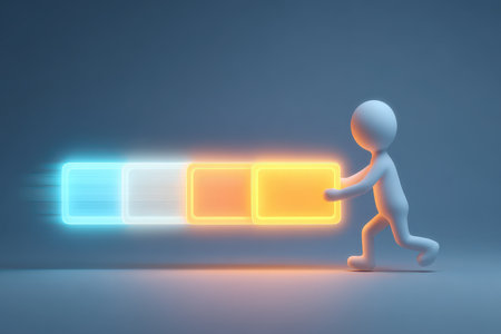 This 3D illustration shows a human figure energetically pushing colorful neon light blocks, symbolizing movement and innovation in a creative context.の素材