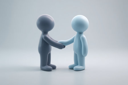 Two cartoon figures in a handshake symbolize unity and collaboration against a soft neutral backdrop, perfect for illustrating partnership and friendship concepts.の素材