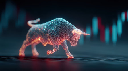 A stunning digital representation of a bull symbolizes financial growth, surrounded by vibrant graphs and patterns, showcasing innovation in finance and technology.の素材