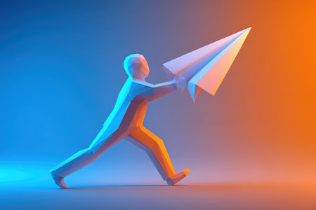 A vibrant 3D abstract figure in blue and orange training with a paper airplane, symbolizing creativity, movement, and inspiration in a minimalist design.の素材