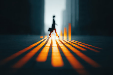 A striking silhouette of a woman walking in a vibrant urban setting, with dramatic shadows and light creating an atmosphere of energy and sophistication.の素材