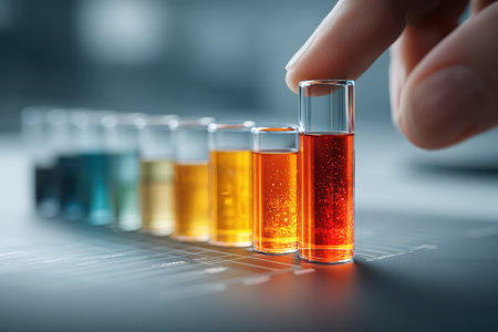A hand carefully selects an orange liquid from a row of colorful test tubes, showcasing scientific experimentation and vibrant colors in a laboratory setting.の素材