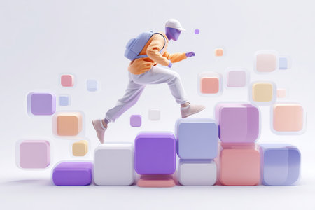 A dynamic scene featuring an individual leaping over vibrant geometric shapes, symbolizing creativity and movement. This illustration captures the essence of adventure and energy in a modern context.の素材
