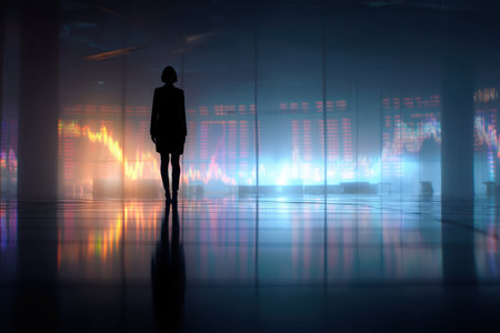 A professional businesswoman silhouette stands in front of a vibrant financial data display, symbolizing analysis and success in the modern corporate world.の素材