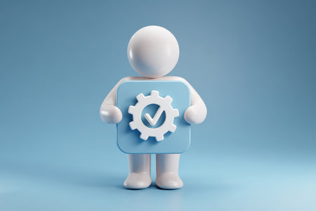 A cheerful cartoon character presents a checkmark within a gear symbol. This image represents success, technology, and approval in a modern, minimalist style.の素材