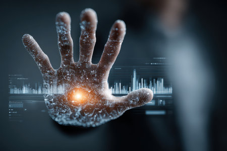 A futuristic hand interface showcases advanced data visualization elements, illustrating the intersection of technology and human interaction.の素材