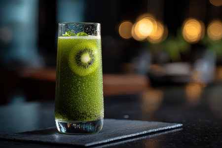 This image showcases a vibrant green beverage with kiwi and bubbles, set in a stylish bar atmosphere. Perfect for summer refreshment and mixology concepts.の素材