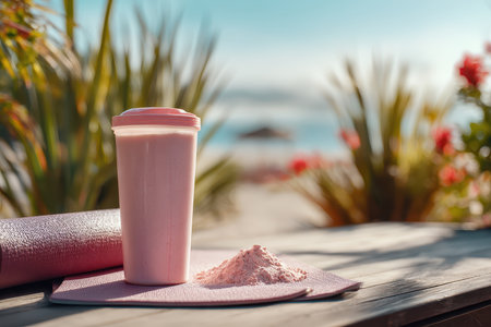 A serene setting featuring a protein shake and powder, perfect for fitness enthusiasts. Enjoy your workout while embracing nature and vitality.の素材