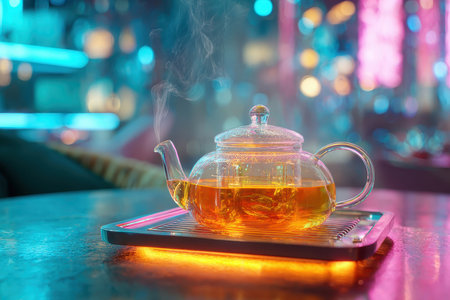 A beautiful glass teapot filled with steaming tea sits on a decorative tray. The vibrant and colorful background enhances the cozy and inviting atmosphere.の素材
