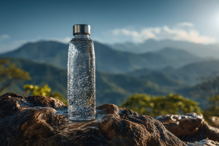 A clear water bottle sits on a rocky surface, capturing sunlight with sparkling droplets. The majestic mountains in the background enhance the scene's natural beauty and serenity.の素材