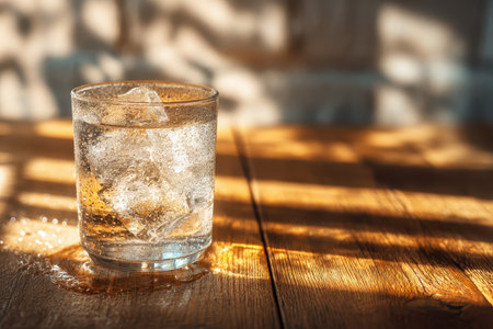 A close-up view of a refreshing drink with ice cubes in a glass, sitting on a wooden table. Soft sunlight creates a warm and inviting atmosphere, perfect for relaxation.の素材
