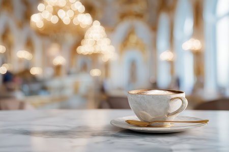A beautiful coffee cup on a marble table in an elegant cafe, featuring soft bokeh lighting in the background, creating a warm and inviting atmosphere perfect for relaxation.の素材