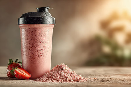 A refreshing strawberry protein shake sits next to pink powder and fresh strawberries, showcasing a healthy beverage choice ideal for fitness enthusiasts and nutrition lovers.の素材