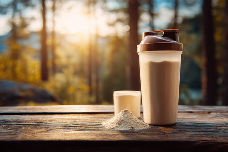 A shaker bottle filled with protein powder, complemented by a glass of shake, is poised on a rustic wooden table surrounded by nature. Ideal for fitness and nutrition themes.の素材