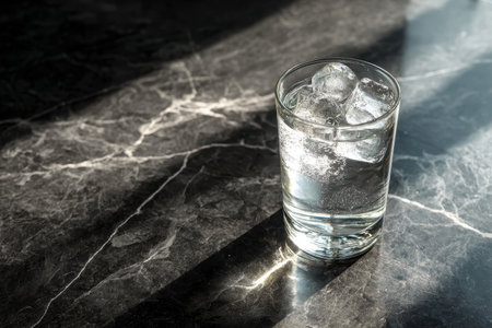 A refreshing glass of water filled with ice cubes sits on a dark marble surface, illuminated by soft light and casting elegant shadows. Perfect for conveying hydration and relaxation themes.の素材