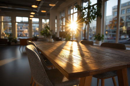 A beautifully lit modern office workspace featuring a wooden table and stylish chairs. Sunlight pours in from large windows, creating a warm atmosphere.の素材