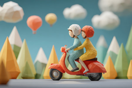 A whimsical low-poly couple rides a vibrant scooter through a colorful landscape, surrounded by trees and hot air balloons, symbolizing adventure and togetherness.の素材