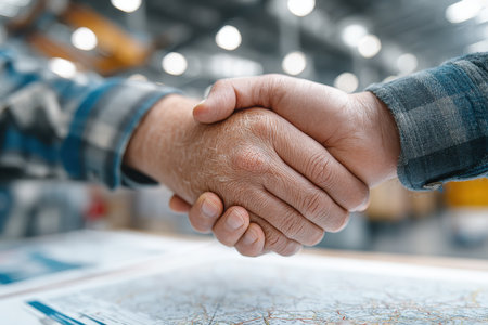 Close-up of two hands shaking firmly, symbolizing trust and agreement in a business context. A map lies underneath, representing planning and strategy.の素材