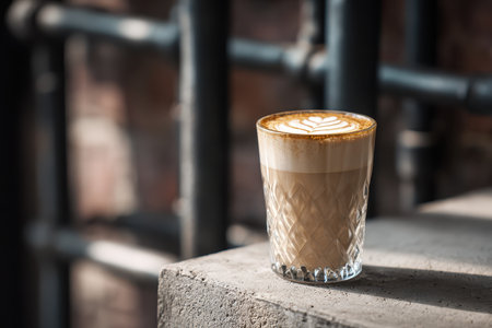 A stunning glass of coffee featuring intricate latte art sits elegantly on a concrete surface, capturing warm tones and inviting ambiance.の素材