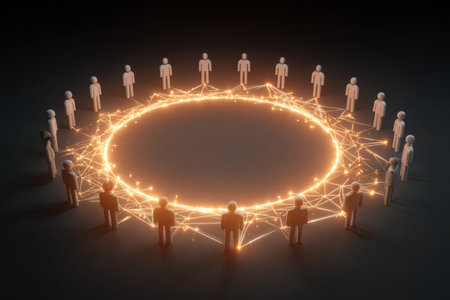 This abstract image represents human figures connected through glowing lines, symbolizing networking and collaboration in a modern and digital context.の素材