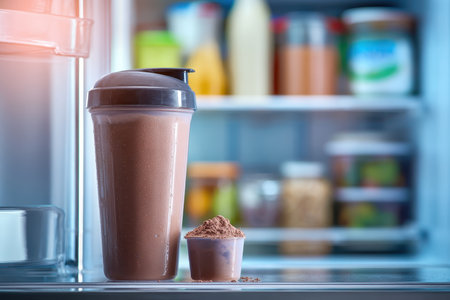 A protein shake bottle and scoop of powder sit in a refrigerator, showcasing a healthy lifestyle choice for those interested in fitness and nutrition.の素材