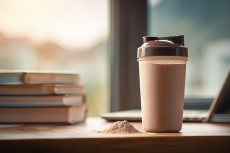 A protein shake sits on a wooden table beside books and a laptop, capturing a moment of health and wellness in a casual setting with warm lighting.の素材