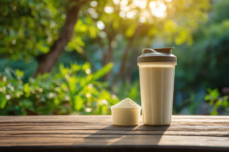 A protein shake and powder sit on a wooden table, surrounded by lush greenery. The natural light highlights the refreshing beverage, perfect for health enthusiasts.の素材