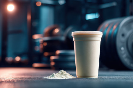 A protein shake cup sits next to a mound of protein powder in a gym setting, highlighting fitness, nutrition, and workout essentials for active individuals.の素材