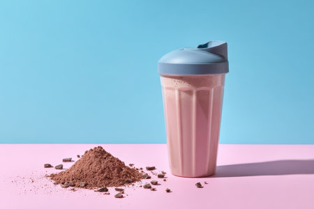 This vibrant image features a protein shake mixer filled with a chocolate beverage beside a mound of powder. The playful colors create an engaging visual for fitness and nutrition themes.の素材