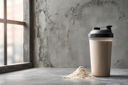 A protein shake and powder are placed on a gray table near a window, showcasing a perfect blend of fitness and nutrition in a well-lit indoor environment.の素材