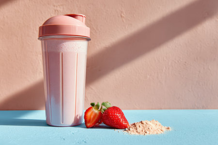 A vibrant pink protein shake in a bottle beside fresh strawberries and powder. Perfect for fitness enthusiasts seeking a nutritious and refreshing drink.の素材