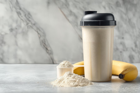 A protein shake in a shaker cup sits next to a banana and powdered supplement on a marble countertop, illustrating healthy nutrition and fitness lifestyle choices.の素材