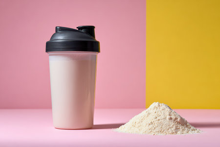 A vibrant protein shake in a shaker bottle next to a pile of supplement powder, set against a colorful background. Perfect for health and fitness enthusiasts.の素材