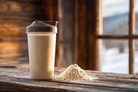 A protein shake placed next to powdered supplement on a weathered wooden table, surrounded by a cozy cabin atmosphere, ideal for fitness enthusiasts.の素材