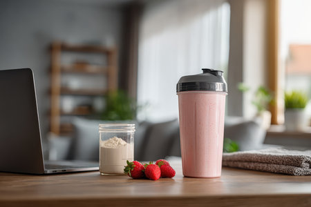A vibrant smoothie bottle rests on a wooden table beside fresh strawberries and a jar of protein powder, capturing a healthy and focused lifestyle in a modern kitchen.の素材