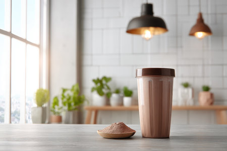 Enjoy a smooth chocolate protein shake displayed alongside powder on a wooden table in a modern kitchen. A fresh and healthy addition to any lifestyle.の素材