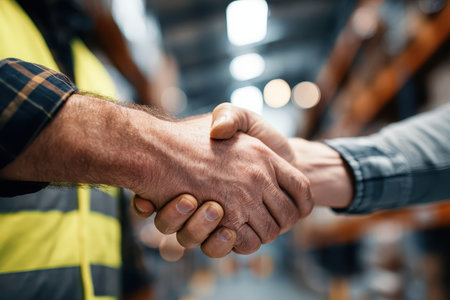 A close-up of two individuals shaking hands in a warehouse, symbolizing partnership and cooperation. This image represents trust and professional collaboration in a business environment.の素材