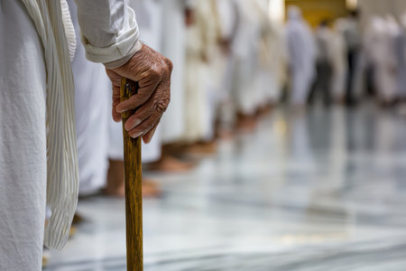 A close-up of an elderly person holding a cane while standing in line with pilgrims dressed in white at a mosque. This image represents tradition and devotion.の素材