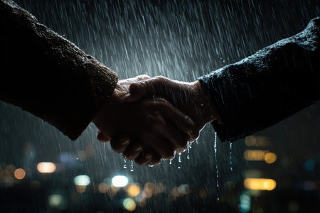 Two hands clasped tightly under a rain shower, illuminated by city lights in the background. The scene captures emotions of connection and intimacy in a vibrant urban setting.の素材