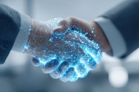 A digital handshake representing essential business partnership and collaboration. The futuristic design emphasizes innovation and trust for growth and success.の素材