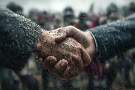 A dramatic handshake in the rain symbolizes unity and resolution amidst a historic conflict, capturing the essence of partnership and trust in adversity.の素材