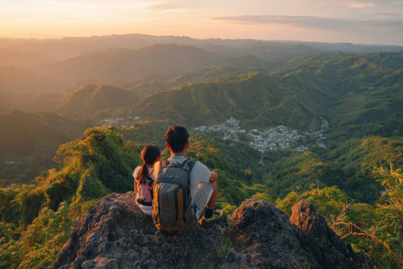 A father and daughter sit on a rock, admiring a breathtaking sunset over a lush mountain landscape. Their bond shines through in this serene moment of connection with nature.の素材