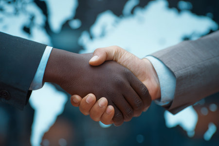 Close-up of a diverse business handshake representing partnership in a global context. Ideal for themes of collaboration, trust, and professional success.の素材