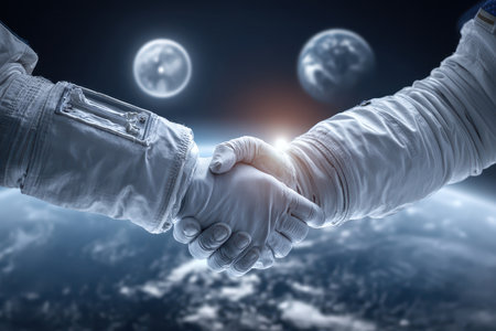 Two astronauts shake hands in space, symbolizing unity and cooperation amidst the stunning backdrop of Earth and the Moon. A depiction of exploration and teamwork.の素材